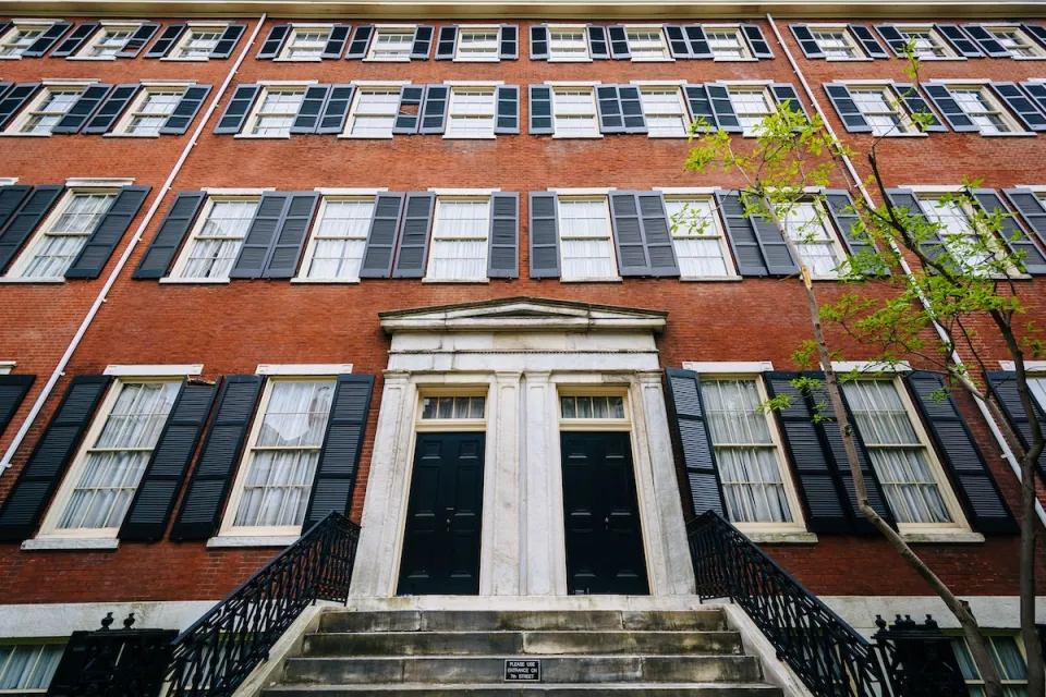 Historic brick buildings along Spruce Street in Washington Square West, Philadelphia, Pennsylvania.